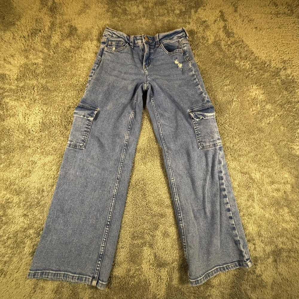 Justice Girls Blue Denim Cargo Jeans Wide Leg Distressed Utility Pants Size 12